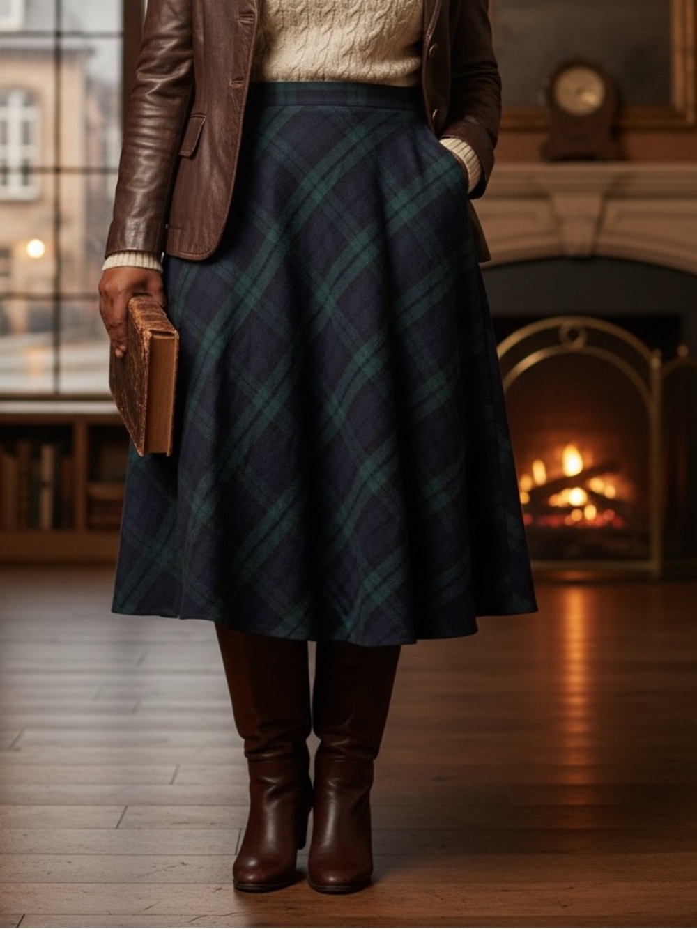 Womens Navy & Green Plaid Midi Skirt - Classic A-Line